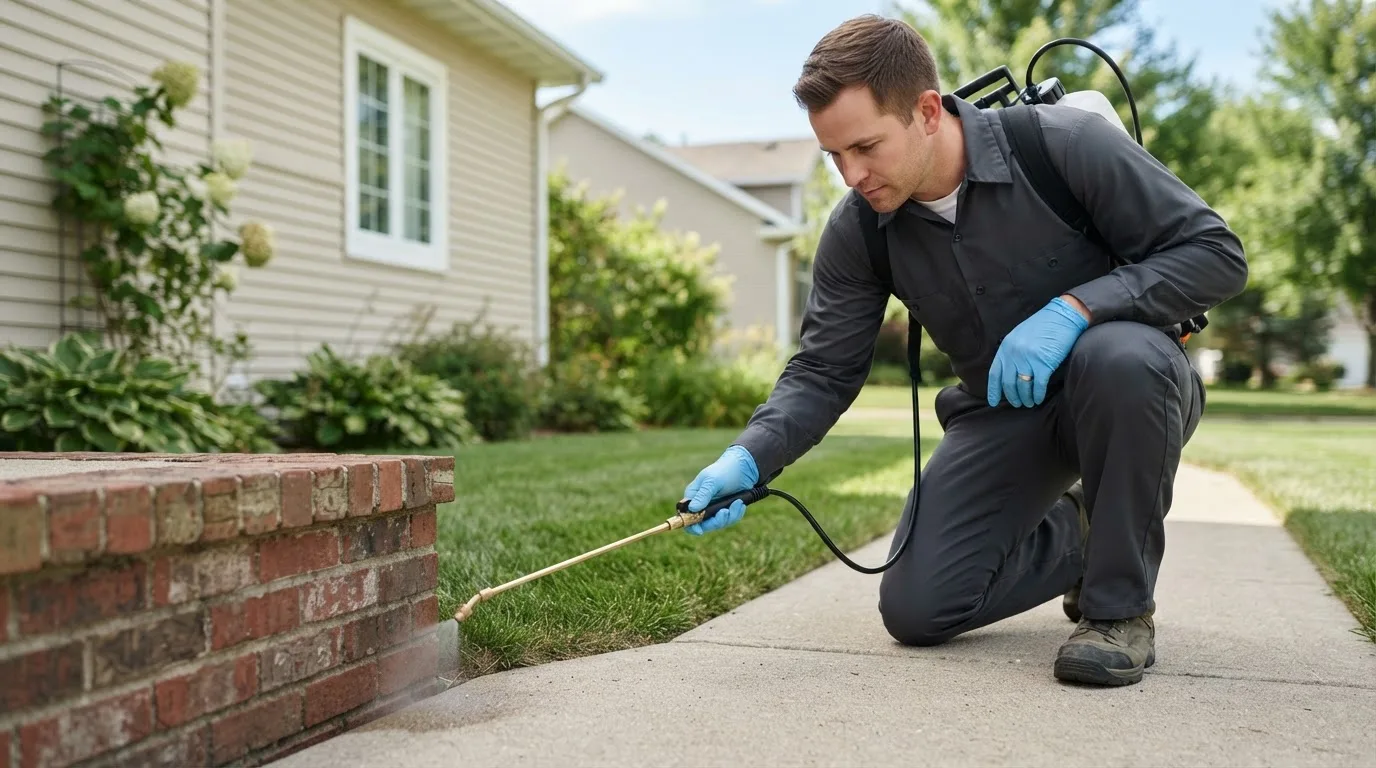 Pest control technician treating a home near West Granby, CT