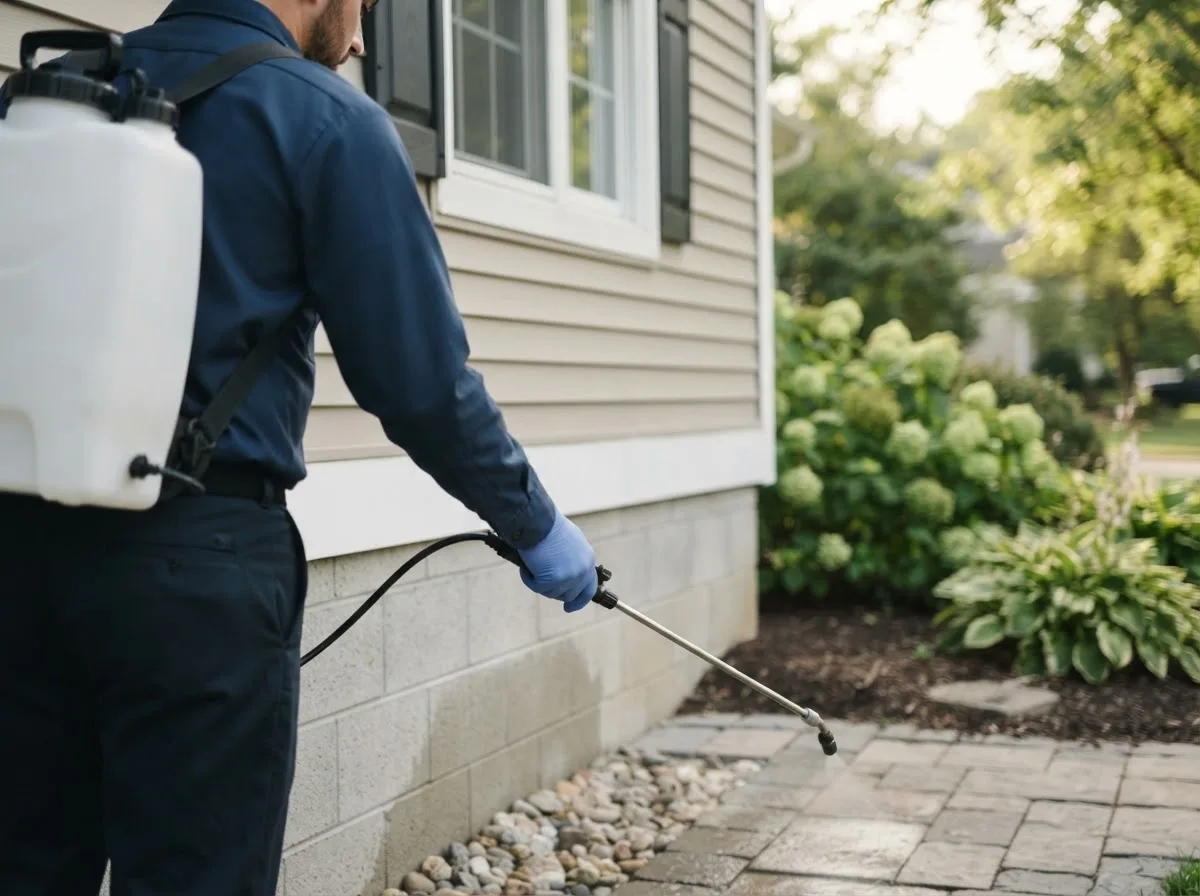 Pest control technician inspecting a home in West Granby, CT